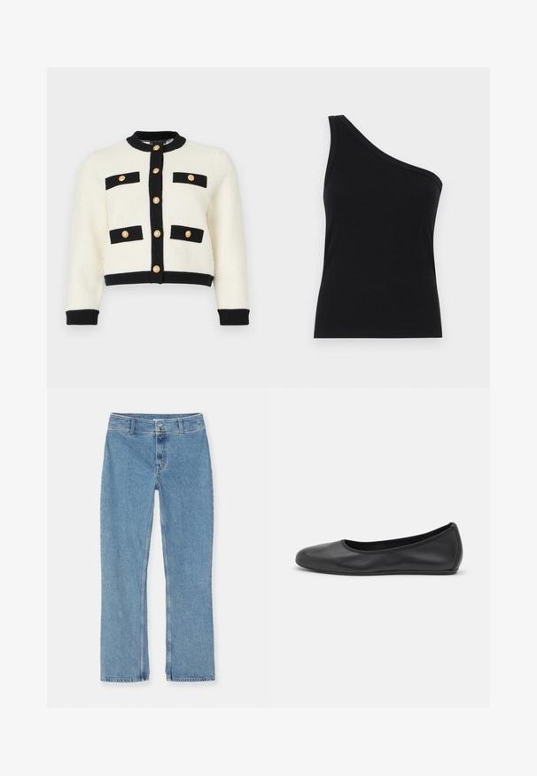 Kreemi lühike kardigan tekstuuriga kudumiga, millel on must äär, kaks eesmist taskut mustade klappidega ja kuldsed nööbid ees.; Ühe õla must ribakanga tank top, millel on vormikujundus ja pehme tekstuur. Omab puhtat, minimalistlikku lõiget ja sujuvat kaelust.; Heledad hall sinise sirge jala teksapüksid, nööbi ja luku sulgemisega, vöörihmadega ja standardõmblustega valgel taustal.; Musthave mustika tantsutossud mustast nahast, ümmarguse varbaga, siledast tekstuurist, minimaalse õmblusdetailiga ja paindliku tallakujundusega.