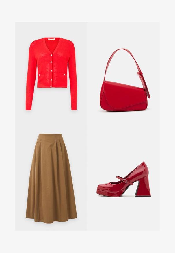 Cardigã de malha vermelha com decote em V, mangas longas e botões prateados. Apresenta dois bolsos frontais e uma textura perfurada. Design cropped.; Camisa branca de botão feita de algodão suave, com colarinho clássico, mangas longas e bainha curva. Os botões são pequenos e brancos.; Saia A-line de algodão castanho com cintura alta, apresentando pregas na parte da frente e uma textura suave. As bordas da bainha são limpas e simples.; Sapato de salto alto Mary Jane em couro verniz vermelho, com bico redondo, frente plataforma, cinta com fivela e salto bloco escultural.; Bolsa de mão em couro vermelho com um design angular e geométrico. Apresenta uma única alça ajustável e um fecho com aba, com detalhes cosidos.
