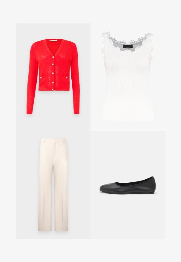 Cárdigan de punto rojo con escote en V, mangas largas y botones plateados. Cuenta con dos bolsillos frontales y una textura perforada. Diseño corto.; Top de tirantes blanco de canalé con encaje en el escote y las mangas. Presenta una textura suave y una forma ajustada. Etiqueta de la marca visible en el interior.; Pantalones tailored beige con un diseño de pierna recta, hechos de tela ligera. Presentan pliegues en la parte delantera y una cintura clásica.; Bailarina de piel negra con punta redondeada, textura suave, detalle de costura minimalista y diseño de suela flexible.