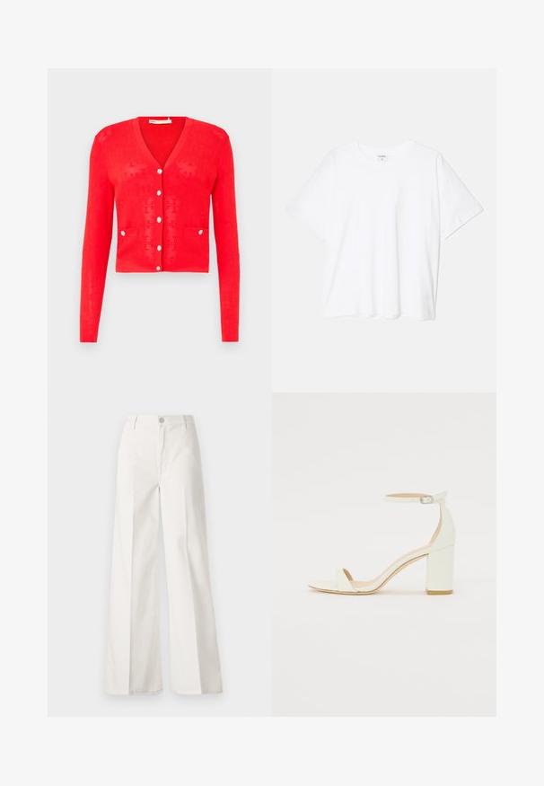 Cardigã de malha vermelha com decote em V, mangas longas e botões prateados. Apresenta dois bolsos frontais e uma textura perfurada. Design cropped.; T-shirt de algodão branco com mangas curtas, decote redondo, corte descontraído e bainha cosida. Etiqueta visível no interior do pescoço.; Calças largas brancas feitas de algodão com uma textura suave. Apresenta um botão frontal, fecho de correr e um design de quatro bolsos.; Sandal de bloco em pele branca, apresentando uma correia no tornozelo com fivela e um design minimalista. Com biqueira aberta e texturas suaves ao longo de toda a peça.