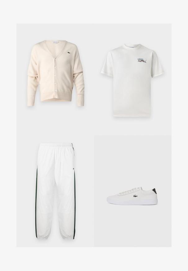 Beiger Cardigan aus weichem Stoff, mit V-Ausschnitt, Knopfleiste, langen Ärmeln und einem kleinen grünen Logo auf der linken Brust.; Weißes Baumwoll-T-Shirt mit rundem Halsausschnitt, kurzen Ärmeln und kleinem gesticktem Logo mit Bergen und Text auf der linken Brust.; Weiße Trainingshose mit dunkelgrünen Seiteneinsätzen. Leichtes Material, elastischer Bund und gerippte Säume. Mit Netzstruktur an den Seiteneinsätzen.; Weiße Leder-Sneaker mit runder Spitze, Schnürung und schwarzem Fersenakzent. Verfügt über ein kleines gesticktes Krokodillogo an der Seite.