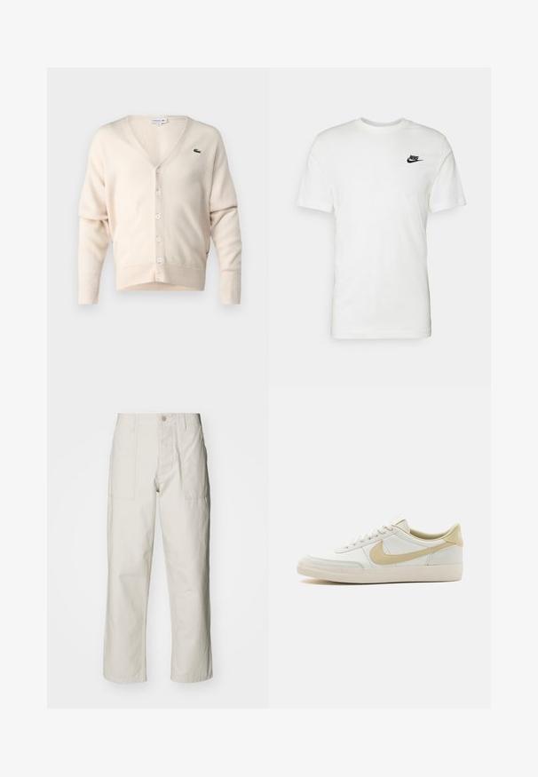 Beiger Cardigan aus weichem Stoff, mit V-Ausschnitt, Knopfleiste, langen Ärmeln und einem kleinen grünen Logo auf der linken Brust.; Weißes Baumwoll-T-Shirt mit kurzen Ärmeln, rundem Halsausschnitt und einem schwarzen Nike-Logo auf der linken Brust. Glatte Textur und klassische Passform.; Helle beige weit geschnittene Hose aus Baumwolle. Verfügt über Fronttaschen und einen Knopfverschluss. Glatte Textur mit dezenten vertikalen Streifen.; Weiße Leder-Sneaker mit cremefarbener Sohle, hellbeigen Akzenten und strukturierter Oberfläche. Verfügt über eine zentrale Schnürung und ein auffälliges Seitenlogo.