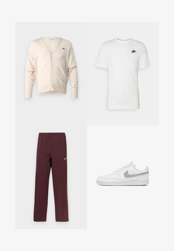 Cardigan beige realizzato in un tessuto morbido, con scollo a V, chiusura con bottoni, maniche lunghe e un piccolo logo verde sul lato sinistro del petto.; Maglietta bianca in cotone con maniche corte, scollo rotondo e logo Nike nero sulla parte sinistra del petto. Tessuto liscio e vestibilità classica.; Pantaloni della tuta borgogna con una texture liscia, tasche laterali con zip e una striscia bianca con testo lungo le cuciture esterne. Logo Nike in oro.; Nike Sportswear COURT VISION NEXT NATURE - Sneakers basse - weiss grau