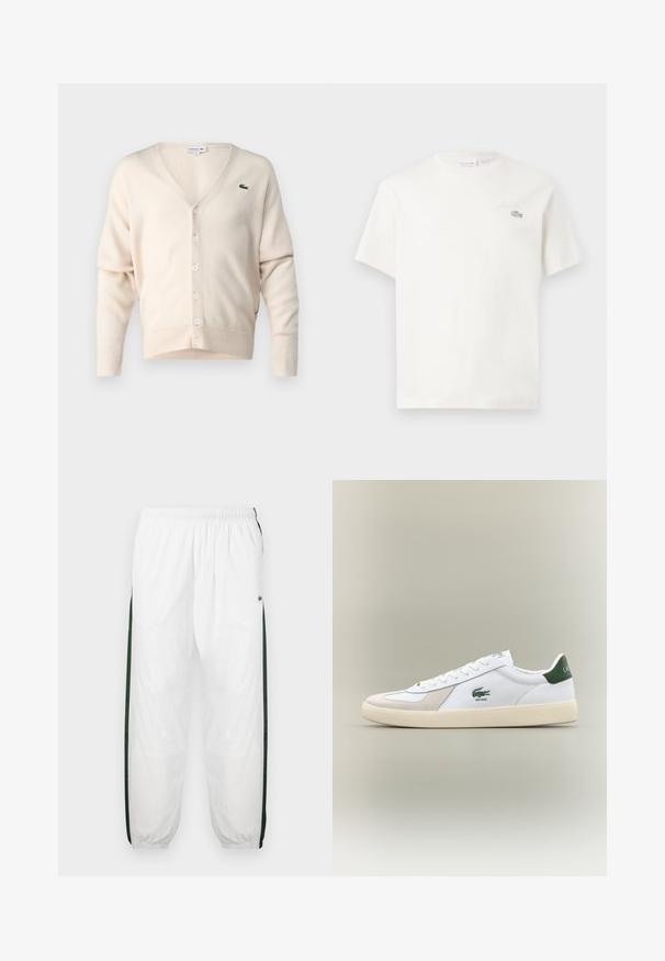 Cárdigan beige hecho de una tela suave, con escote en V, cierre de botones, mangas largas y un pequeño logo verde en el lado izquierdo del pecho.; Camiseta blanca de algodón con mangas cortas, que presenta un sutil logo bordado y un diseño minimalista. Textura suave, escote de cuello redondo.; Pantalones de chándal blancos con paneles laterales de color verde oscuro. Material ligero, cinturilla elástica y dobladillos con puños. Presenta textura de malla en los paneles laterales.; Zapatilla blanca con acentos verdes, materiales de ante y cuero, punta redondeada, suela texturizada y logotipo bordado en el lateral y en la lengüeta.