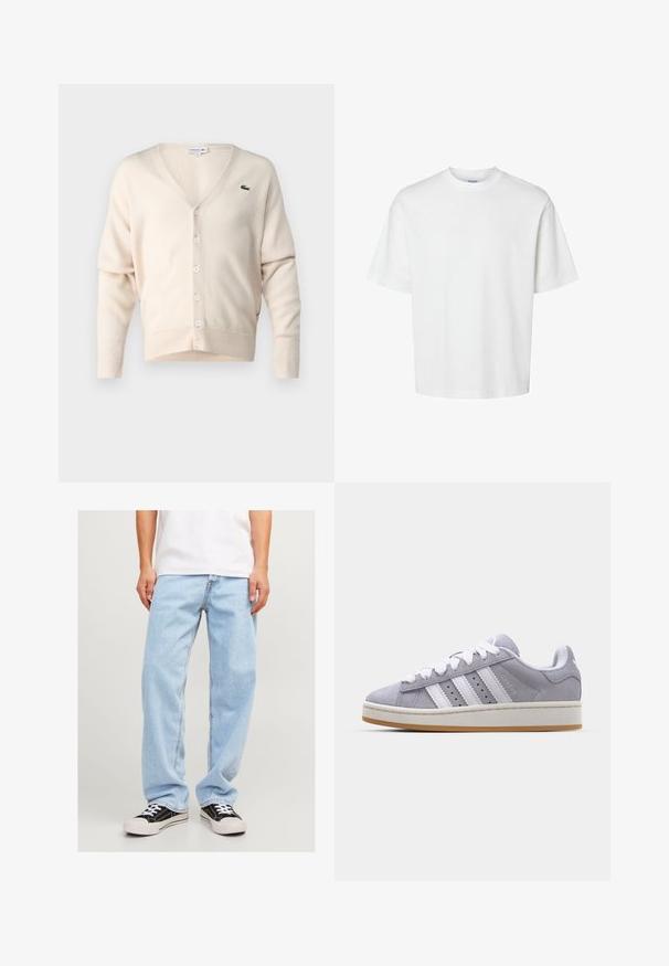 Cardigan bej realizat dintr-un material moale, având decolteu în V, închidere cu nasturi, mâneci lungi și un mic logo verde pe partea stângă a pieptului.; Tricou alb din bumbac, cu mâneci scurte, guler rotund și o croială lejeră. Textură netedă, fără modele sau accente vizibile.; Jeans din denim de culoare albastră deschisă, cu o croială lejeră, având un design cu picioare drepte și cusături standard, asortați cu adidași negri.; Tenisi gri din suede cu dungi albe, vârful rotund și talpă din cauciuc. Au perforații pe lateral și un tab de călcâi texturat.