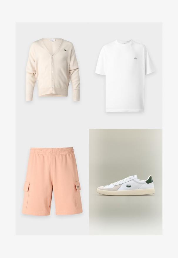 Cardigã bege feito de tecido suave, com decote em V, fecho com botões, mangas longas e um pequeno logótipo verde no lado esquerdo do peito.; T-shirt branca de algodão com gola redonda e mangas curtas. Apresenta um pequeno logo preto da Lacoste no lado esquerdo do peito.; Calções de cor rosa claro em tecido misto de algodão, com uma cintura elástica, duas abas de bolso laterais e um detalhe de logotipo verde.; Sapatilha branca com pormenores verdes, materiais em camurça e pele, bico arredondado, sola texturizada e logótipo bordado na lateral e na língua.