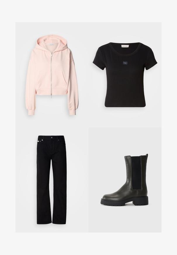 Sweatshirt cor-de-rosa cortado, feito de tecido macio, com fecho na frente, dois bolsos frontais e capuz com cordão e mangas franzidas.; Camiseta preta de manga curta com textura canelada, apresentando um pequeno emblema no peito e um decote arredondado.; Calças de ganga pretas de perna reta com cinco bolsos, rebites prateados e fecho de botão. O tecido tem um acabamento suave e ligeiramente texturizado.; Bota de tornozelo em couro verde com painéis laterais elásticos, ponta arredondada e sola de borracha. Apresenta um acabamento texturizado e um salto bloco.