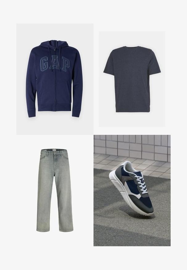 Mörkblå zip-up hoodie tillverkad av en bomullsblandning med framfickor. Har "GAP"-logotyp i ljusare blått, justerbar dragsko på huvan och ribbade ärmslut.; Mörkblåt t-shirt med rund halsringning, tillverkad av mjukt bomullsblandat tyg, med korta ärmar och normal passform. Inga synliga mönster eller detaljer.; Ljust grå, löst sittande jeans av denim. Har en klassisk fem-fickorsdesign, bältesöglor och en rak benprofil.; Sko med överdel i marinblå mesh, grå mockadetaljer, vit gummisula och platta vita snören, designad för komfort och andningsförmåga.