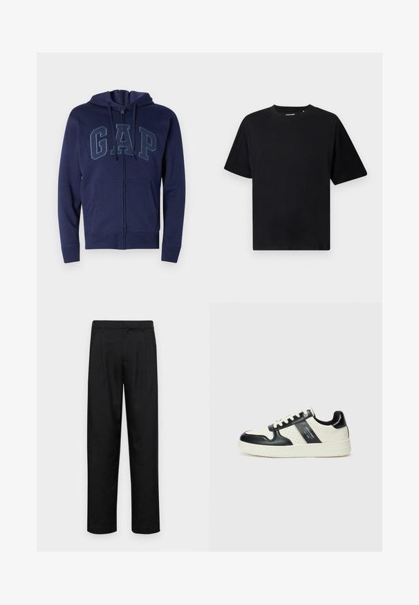 Felpa con zip di colore blu navy realizzata in misto cotone con tasche frontali. Presenta il logo "GAP" in un blu più chiaro, cappuccio regolabile con cordino e polsini a coste.; Maglietta nera a maniche corte con collo rotondo e vestibilità rilassata, esposta su uno sfondo bianco.; Pantaloni neri realizzati in tessuto liscio, caratterizzati da un taglio dritto, due pieghe frontali e una vita standard con passanti per la cintura.; Sneakers in pelle con una combinazione di colori nero e crema, dotati di dettagli perforati, collare imbottito e suola testurizzata.