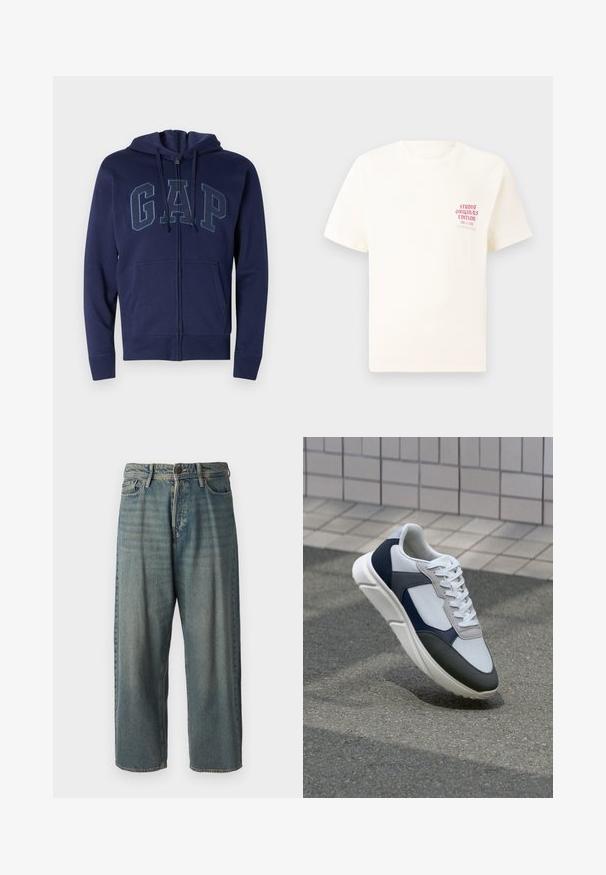 Felpa con zip di colore blu navy realizzata in misto cotone con tasche frontali. Presenta il logo "GAP" in un blu più chiaro, cappuccio regolabile con cordino e polsini a coste.; T-shirt bianco a maniche corte con testo rosso "Studio Originals Edition" sul lato sinistro del petto, esposto su uno sfondo grigio neutro.; Jeans di denim azzurro chiaro con vestibilità ampia, vita media e gambe dritte. Presenta cinque tasche, passanti per cintura e chiusura con bottone.; Sneaker bianca, blu navy e grigia con un design a materiali misti, caratterizzata da una tomaia testurizzata, lacci piatti e una suola imbottita.