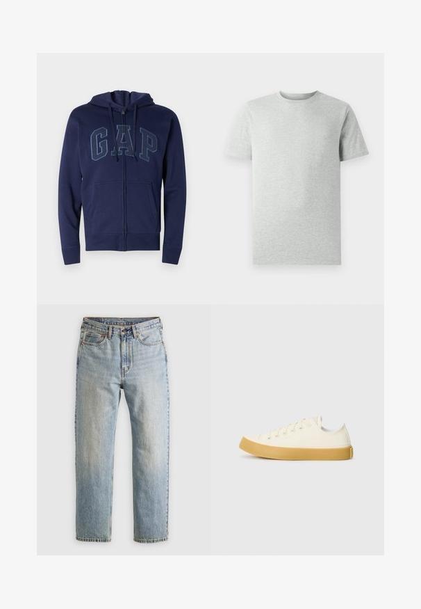 Marineblå hettejakke med glidelås laget av bomullsblanding med frontlommer. Har 'GAP' logo i lysere blått, justerbar hette med snøring og ribbestrikkede mansjetter.; Lys grå kortermet T-skjorte med rund hals vist på hvit bakgrunn, frontvinkel uten synlige logoer eller design.; Lys blå denim jeans med høy midje, frontknapp, glidelås og fem-lommers design, lagt flatt på en nøytral bakgrunn.; Canvas sneakers i off-white med rund tå, med beige gummisåler og fem hull for lisser, strukturert finish på overdelen.