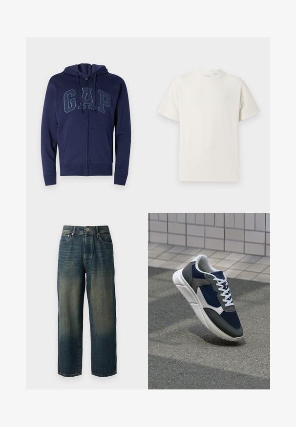 Navyfarbener Reißverschluss-Hoodie aus Baumwollmischung mit Fronttaschen. Mit "GAP"-Logo in hellerem Blau, verstellbarem Kordelzugkapuze und gerippten Bündchen.; Weißes T-Shirt mit kurzen Ärmeln in gerippter Textur. Runder Ausschnitt, lockere Passform, keine sichtbaren Muster oder Akzente. Einfaches und vielseitiges Design.; Blaue Denim-Jeans mit geradem Schnitt, die ein ausgewaschenes Design mit helleren Farbtönen zum Saum hin aufweisen, fünf Taschen und einen Knopfverschluss haben.; Sneaker mit einem Obermaterial aus navyblauem Mesh, grauen Wildlederelementen, einer weißen Gummisohle und flachen weißen Schnürsenkeln, entworfen für Komfort und Atmungsaktivität.