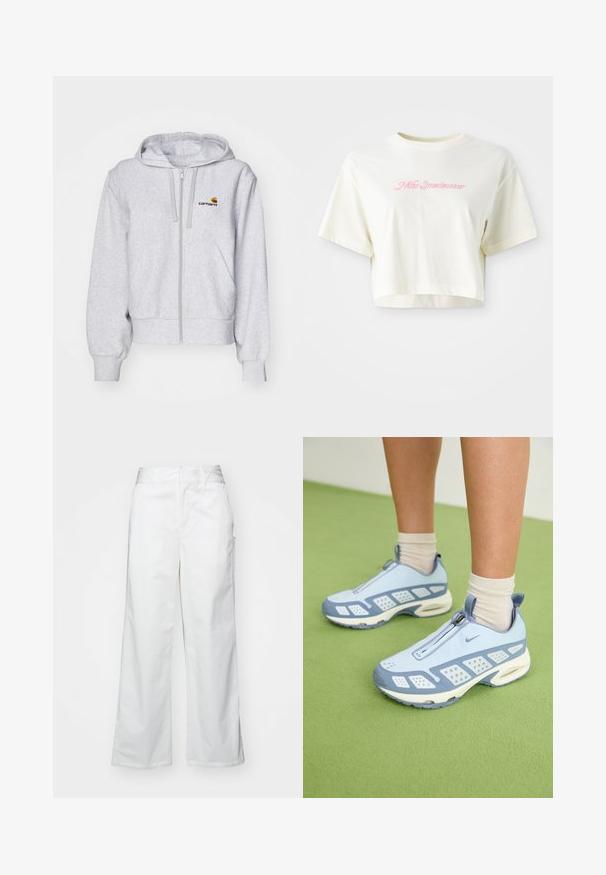 Šviesiai pilkas zip-up džemperis, pagamintas iš minkštos medžiagos, pasižymintis laisvu siluetu, priekinėmis kišenėmis ir mažuoju siuvinėtu logotipu kairėje krūtinės pusėje.; Trumpas, kreminės spalvos marškinėliai, pagaminti iš medvilnės. Puošti rožiniu siuvinėtu logotipu su užrašu "Nike Sportwear." Trumpomis rankovėmis ir apvaliu kaklu.; Balti plačios kojos kelnės, pagamintos iš medvilnės, turinčios lygią tekstūrą, tiesų siluetą, priekinės kišenės ir švarų apvado kraštą.; Šviesiai mėlynos sportinės batuokai su baltais akcentais, tekstūruotais paneliais ir užtrauktuku. Yra matoma oro amortizavimo padas ir guminis padas.