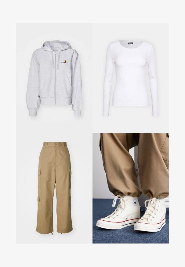 Šviesiai pilkas zip-up džemperis, pagamintas iš minkštos medžiagos, pasižymintis laisvu siluetu, priekinėmis kišenėmis ir mažuoju siuvinėtu logotipu kairėje krūtinės pusėje.; Balta, raukšlėta ilgarankovė palaidinė su apvalia iškirpte. Pagaminta iš elastingos medžiagos, kuri prisitaiko prie kūno. Pasipuošusi subtiliomis horizontaliosiomis linijomis.; Šviesiai rudos spalvos cargo kelnės su aukštu liemeniu, plačiomis kojomis ir keturiomis didelėmis šoninėmis kišenėmis. Pagamintos iš patvarios medžiagos su lygiu paviršiumi ir minimaliais detalėmis.; Balti aukštakulniai sportbačiai pagaminti iš drobės, su guminiu padu, su juodu žvaigždės logotipu ir raudonais bei tamsiai mėlynais juostų akcentais.