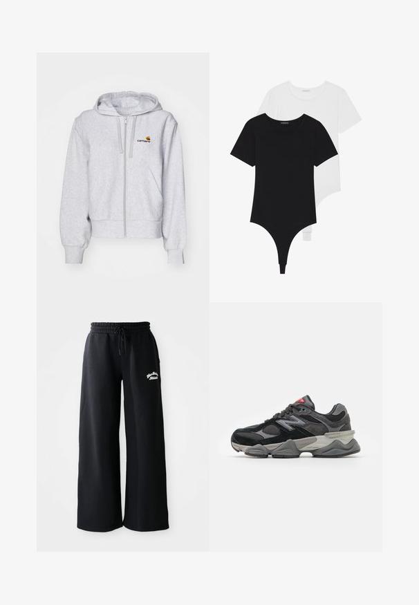 Lys grå zip-up hettegenser laget av myk stoff, med en avslappet passform, frontlommer og en liten brodert logo på venstre bryst.; Svarte og hvite kortermede bodysuits med runde krager og thong-bunner, laget av glatt, elastisk stoff.; Svarte vide joggebukser med snor i livet. Har brodert tekst på venstre side, laget av mykt bomullsblandingsmateriale.; Svarte og grå joggesko med en blanding av semsket skinn og mesh-materialer, tykk såle, fremtredende logo, og rød detalj på tungen.