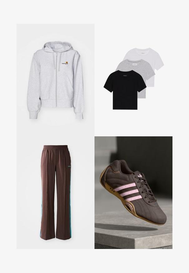 Felpa grigia chiara con zip realizzata in tessuto morbido, caratterizzata da una vestibilità rilassata, tasche frontali e un piccolo logo ricamato sul lato sinistro del petto.; Set di tre t-shirt a maniche corte in nero, grigio e bianco. Realizzate in cotone, presentano un collo a giro e un design semplice in un colore solido.; Pantaloni sportivi marroni con texture a coste, vita elastica e strisce laterali turchesi. Presentano il logo adidas sul davanti.; Scarpa atletica in suede marrone con strisce e logo rosa, dotata di una tomaia testurizzata, chiusura con lacci e suola in gomma color miele.