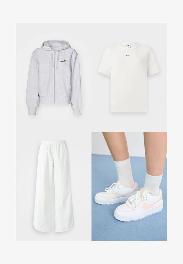 Svijetlo siva zip-up dukserica izrađena od mekanog materijala, s opuštenim krojem, prednjim džepovima i malim izvezenim logom na lijevoj strani grudi.; Bijela rebrasta majica s okruglim izrezom i kratkim rukavima. Sadrži mali crni Nike logo na prsima. Teksturirana tkanina s prilagođenim oblikom.; Bijele široke sportske hlače s rebrastim pojasom i suptilnim logotipom. Glatka tkanina s opuštenim krojem i suženim rubom.; Bijele tenisice s breskvastim akcentima, glatka kožna gornja strana, perforirani vrh, teksturirana potplat i vezice. Nosi se s bijelim čarapama na plavoj površini.
