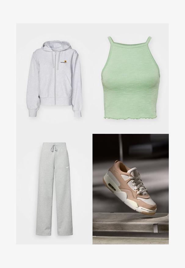 Gaišpelēka zip-up kapuce, izgatavota no mīksta auduma, ar brīvāku piegriezumu, priekšējām kabatām un mazu izšūtu logo kreisajā krūtī.; Zaļš ribots īsais topiņš ar plānām siksnām, ar viļņotu apakšmalu un teksturētu audumu. Nav izteikta aprīkojuma vai rakstu.; Pelēkas sporta bikses ar elastīgu jostasvietu, aukliņu detalizācijām un mazu baltu Nike logotipu kreisajā augšstilbā. Mīksta auduma, brīvi pieguļošas.; Beigā un baltā sporta apavi ar gludu ādas un zamšāda apdari, aprīkoti ar mīkstu mēli, saistāmu priekšpusi un redzamu gaisa amortizācijas elementu.