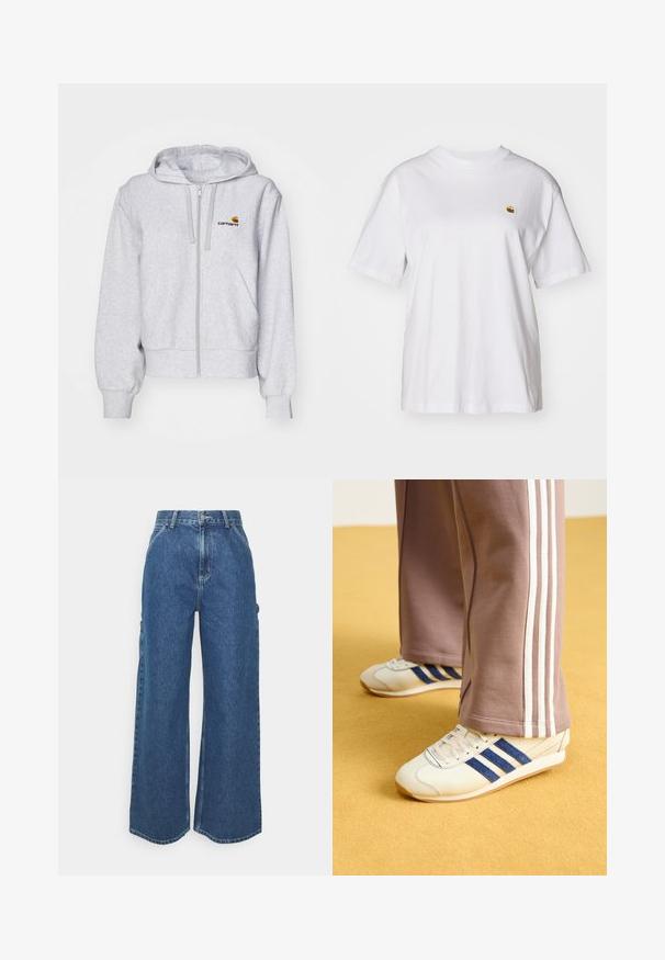 Light gray zip-up hoodie made from soft fabric, featuring a relaxed fit, front pockets, and a small embroidered logo on the left chest.; White cotton t-shirt with a relaxed fit, short sleeves, and a small embroidered logo on the left chest area.; Wide-leg blue denim trousers with a high waist, contrasting stitching, and side pockets, featuring a classic five-pocket design and raw hems.; Cream sneakers with blue suede stripes, white laces, and a rubber sole. Paired with gray sweatpants featuring white side stripes.