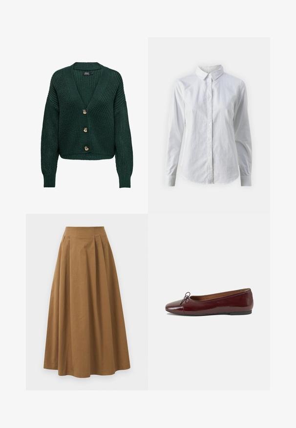 Vihreä neulekartta, jossa on V-pääntie, pitkät hihat ja kolme ruskeaa nappia edessä. Rakennekuvio ja ribattu helma.; Valkoinen napitettava paita, joka on valmistettu sileästä puuvillasta. Paidassa on klassinen kaulus, pitkät hihat ja kaareva helma. Nappien koko on pieni ja ne ovat valkoiset.; Ruskea puuvillainen A-linjainen hame korkealla vyötäröllä, jossa on laskokset edessä ja sileä pinta. Helma on viimeistelty siististi ja yksinkertaisesti.; Burgundin värinen lakattu nahkainen ballerinatossu pyöreällä varvaskärjellä, pienen nauhan yksityiskohdalla edessä ja matalalla mustalla kumipohjalla. Sujuva pinta.