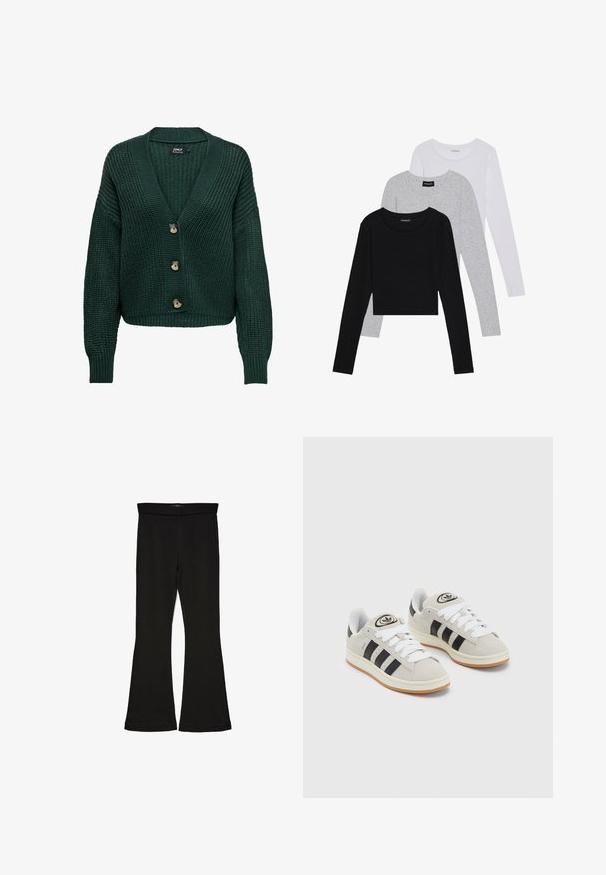 Zaļa adīta kardigāna jaka ar V veida kakla izgriezumu, garām piedurknēm un trim brūniem pogām priekšpusē. Tekstūrēta raksts un ribota apakšmala.; Trīs garām piedurknēm veidotas augšdaļas, sakrautās: melna, pelēka un balta. Katram ir noapaļots kakla izgriezums un īsa dizaina forma ar gludu, vieglu audumu.; Melnas flared leggings, kas izgatavotas no stiepjama auduma. Iezīmējas ar platu jostasvietu un gludu tekstūru, ar pieguļošu siluetu, kas paplašinās pie apakšmalas.; Pelēkas zamšādas kedas ar baltām saites, melnām svītrām un baltu gumijas zoli. Raksturīga apļa logo uz mēles un gumijas zole.