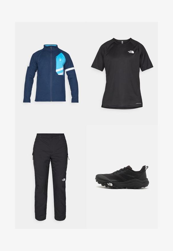 Giacca con zip blu navy con finitura testurizzata, caratterizzata da una tasca sul petto blu chiaro, strisce bianche sulle maniche e un piccolo dettaglio del logo.; Maglietta sportiva nera a maniche corte con tessuto testurizzato, caratterizzata da un logo bianco sul lato sinistro del petto e orlo dritto.; The North Face WINTER EXPLORATION TAPERED CARGO - Pantaloni outdoor - black; Scarpa da trail running nera con tomaia texture, suola in gomma e punta rinforzata. Presenta un collare imbottito e un tassello per un indossamento facile.