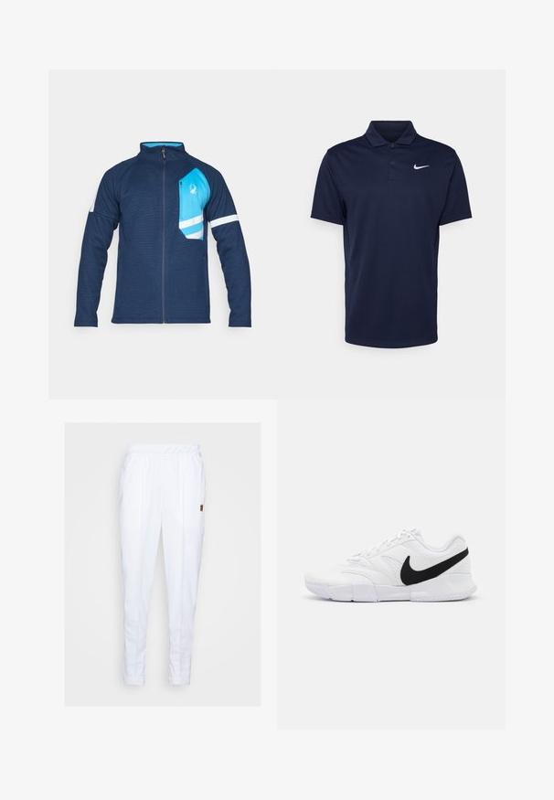 Veste zippée bleu marine avec une finition texturée, comportant une poche poitrine bleu clair, des rayures blanches sur les manches et un petit logo.; Polo bleu marine en tissu lisse, doté d'une patte de boutonnage à trois boutons, de manches courtes et d'un petit logo Nike blanc sur la poitrine.; Pantalons de sport blancs avec une taille élastique, dotés de poches latérales et de détails de couture subtils le long des jambes.; Chaussures de sport blanches avec un dessus texturé, un swoosh noir de Nike, un col rembourré et une semelle extérieure en caoutchouc solide avec un motif de semelle.