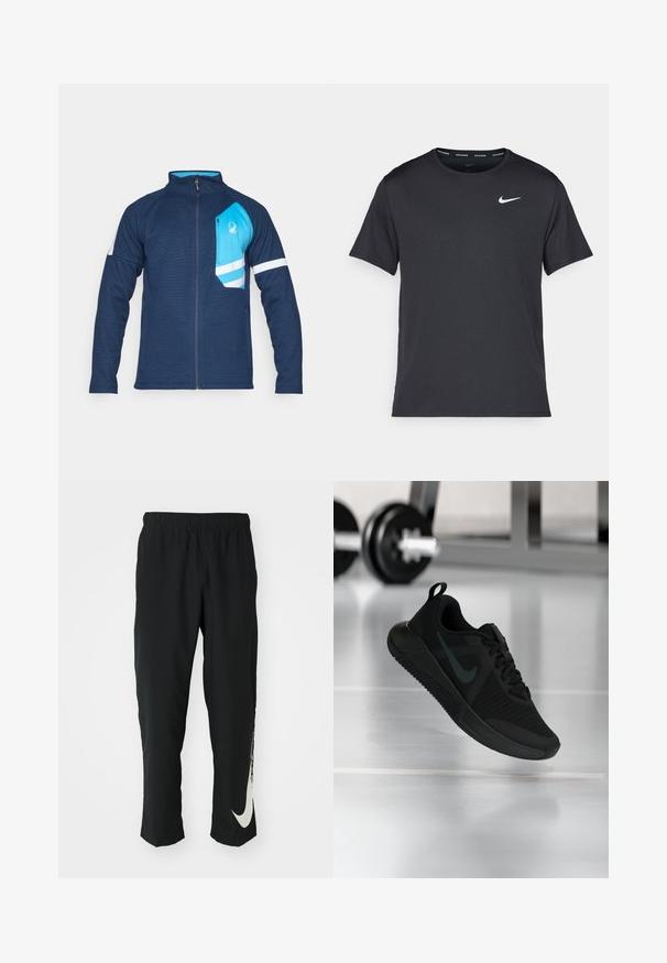 Marineblaues Zip-Jacke mit strukturierter Oberfläche, ausgestattet mit einer hellblauen Brusttasche, weißen Streifen an den Ärmeln und einem kleinen Logodetail.; Schwarzes Nike Lauft-Shirt aus leichtem, atmungsaktivem Material, mit kurzen Ärmeln und einem kleinen weißen Logo auf der Brust.; Schwarze Sporthose mit elastischem Bund und taillierter Passform, auf der linken Beinschulter befindet sich ein großes weißes Nike-Logo. Weicher, leichter Stoff.; Schwarzer Sportschuh mit strukturiertem Mesh-Obermaterial, Gummisohle und auffälligem dunklem Swoosh-Logo. Verfügt über einen gepolsterten Kragen und eine Schnürung.