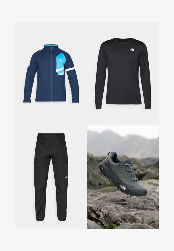 Navy blue zip-up jacket with a textured finish, featuring a light blue chest pocket, white stripes on sleeves, and a small logo detail.; Long-sleeved black performance t-shirt made of lightweight fabric, featuring a white logo on the upper left chest. Smooth texture.; The North Face HORIZON PANT - Outdoor trousers - black; Grey trail running shoe with a textured upper, durable rubber sole, and reinforced toe cap. Features laces and brand logo on the side.