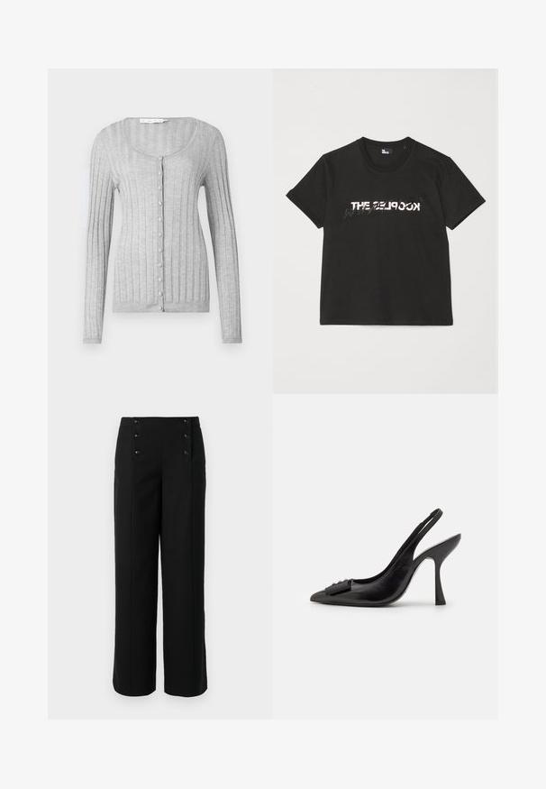 Šedý žíhaný cardigan s dlouhými rukávy, kulatým výstřihem a knoflíkovým zapínáním. Má texturovanou látku a přiléhavý střih.; Černé bavlněné tričko s krátkým rukávem, na přední straně se tiskne bílý a šedý design "THE 2LOOK". Klasický kulatý výstřih.; Černé široké kalhoty vyrobené z hladkého materiálu, s vysokým pasem a pěti předními knoflíky pro zapínání. Elegantní, střihová konstrukce.; Černá kožená slingback obuv se špičatou špičkou, úzkým vysokým podpatkem a dekorativním mašličkovým prvkem. Hladká textura a elegantní design.