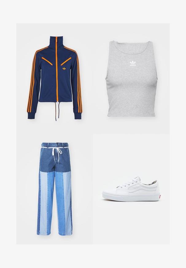 adidas Originals MONTREAL  - Camisola com fecho - night indigo; Top cropped cinza, sem mangas, feito de um tecido suave, com um decote redondo e um pequeno logótipo branco da Adidas no peito.; Calças de ganga azuis com um design em patchwork com diferentes tons de azul, cintura com cordão e pernas largas de corte reto.; Tênis brancos de lona com um design de cano baixo, bico redondo, fecho com atacadores, colarinho acolchoado e forro interior estampado. Etiqueta logo vermelha no calcanhar.
