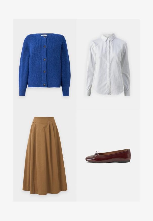 Cardigã tricotado azul com decote redondo, mangas longas e seis botões pretos na frente. Tecido texturizado com um acabamento suave.; Camisa branca de botão feita de algodão suave, com colarinho clássico, mangas longas e bainha curva. Os botões são pequenos e brancos.; Saia A-line de algodão castanho com cintura alta, apresentando pregas na parte da frente e uma textura suave. As bordas da bainha são limpas e simples.; Bailarinas em couro sintético borgonha com bico redondo, pequeno laço na frente e sola baixa em borracha preta. Textura suave.