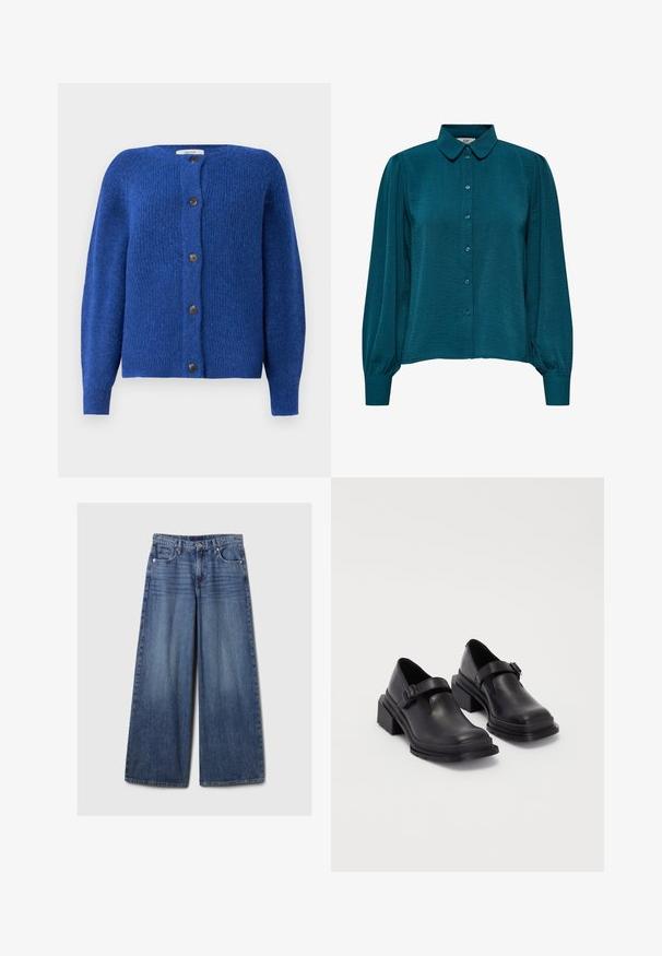 Plavi pleteni kardigan s okruglim izrezom, dugim rukavima i šest crnih dugmadi sprijeda. Tekstura tkanine je meka.; Tirkizna bluzica s ovratnikom, dugmadi sprijeda i dugim rukavima. Izrađena od strukturiranog materijala s nabranim manšetama.; Široke plave traperice s izblijedjelim finišom, s kopčanjem na gumb i patentni zatvarač, pet džepova i petljama za remen.; Crne kožne cipele s okruglim vrhom, ravnim đonom i remenom s detaljem kopče. Debeli blok peti za dodatnu stabilnost.