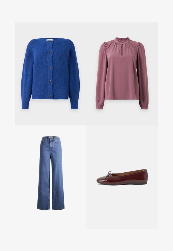 Cardigã tricotado azul com decote redondo, mangas longas e seis botões pretos na frente. Tecido texturizado com um acabamento suave.; Blusa de manga longa em cor malva com gola franzida, decote em forma de olho de fechadura com fechamento por botão e ombros ligeiramente bufantes.; Jeans de ganga azul claro, de perna larga e cintura alta, com dois bolsos frontais e costuras visíveis. Apresenta um fecho de botão e zíper.; Bailarinas em couro sintético borgonha com bico redondo, pequeno laço na frente e sola baixa em borracha preta. Textura suave.