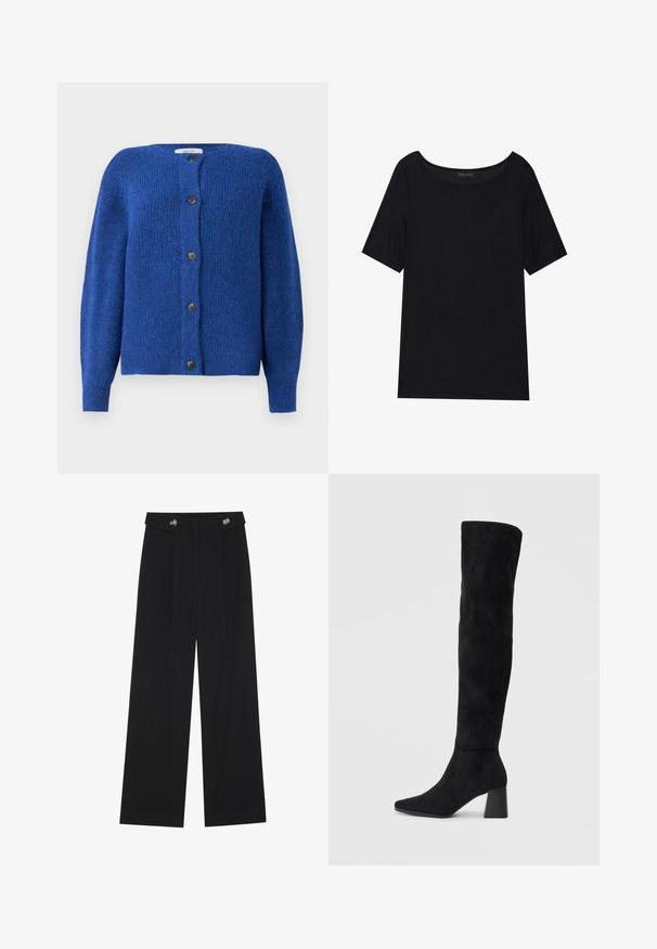 Modrý pletený cardigan s kulatým výstřihem, dlouhými rukávy a šesti černými knoflíky vpředu. Texturovaná tkanina s měkkým povrchem.; Černé tričko s krátkým rukávem a širokým výstřihem. Vyrobeno z měkké, lehké tkaniny. Jednoduchý design bez vzorů nebo doplňků.; Černé široké kalhoty s vysokým pasem, detailní knoflíky na pase a přední záhyby.; Černé semišové vysoké boty s blokovým podpatkem, špičatou špičkou a hladkým, bezšvovým designem na jednoduchém světlém pozadí.