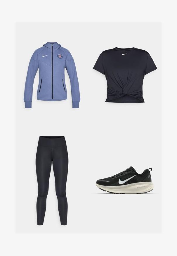Modrá sivá bunda na zips vyrobená z mäkkého materiálu, s kapucňou, bočnými vreckami a logom na hrudi. Obsahuje čierny zips a akcenty.; Čierne atletické tričko vyrobené z hladkej tkaniny, so zaväzovaným predným dizajnom a malým bielym logom Nike na hrudi.; Čierne legíny vyrobené z hladkej, elastickej tkaniny. Vysoký pás bez viditeľných vzorov alebo akcentov. Úzke od pásu po členky.; Čierne bežecké topánky Nike s priedušnou sieťovinou, bielym logom s symbolom swoosh, textúrovanými detailmi a krémovou ZoomX medzipodrážkou.