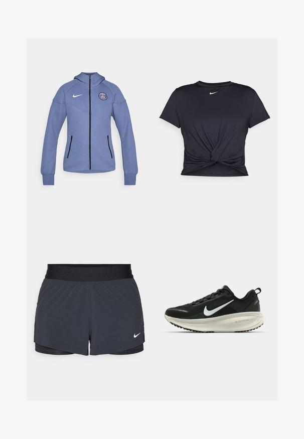 Mėlyna užtrauktuku užsegama striukė, pagaminta iš minkštos medžiagos, su kapuce, šoninėmis kišenėmis ir logotipu ant krūtinės. Su juodu užtrauktuku ir akcentais.; Juodas sportinis marškinėlis, pagamintas iš lygios medžiagos, su surišta priekiu ir mažu baltu Nike logotipu ant krūtinės.; Juodos sportinės šortai su elastine talija, turintys sluoksniuotą dizainą ir mažą baltą Nike logotipą kairiajame apačioje. Lengvas audinys.; Juodas Nike sportinis batelis su kvėpuojančiu tinklu, baltu swoosh logotipu, tekstūruoto dizaino detalėmis ir grietinėlės spalvos ZoomX viduriu.