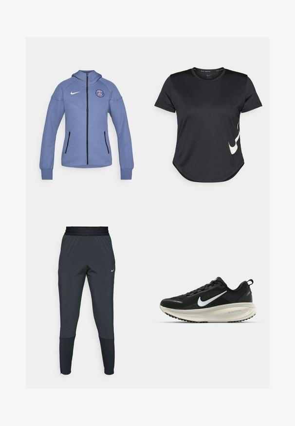 Sininen vetoketjullinen takki pehmeästä materiaalista, jossa on huppu, sivutaskut ja logo rinnassa. Mukana musta vetoketju ja laitteen yksityiskohdat.; Musta urheilupaita, jossa on lyhyet hihat, ja jossa on valkoinen Nike-swoosh-logo alareunassa sekä pyöristetty helma.; Nike urheiluhaalareita tummanharmaana, joissa on kapeneva lahjesuunnittelu, joustava vyötärö ja korostedetaileja lahkeiden läheisyydessä.; Mustat Nike-juoksukengät, joissa on hengittävä verkko-osa, valkoinen swoosh-logo, teksturoitu yksityiskohtaus ja kermaisen värinen ZoomX-välipohja.