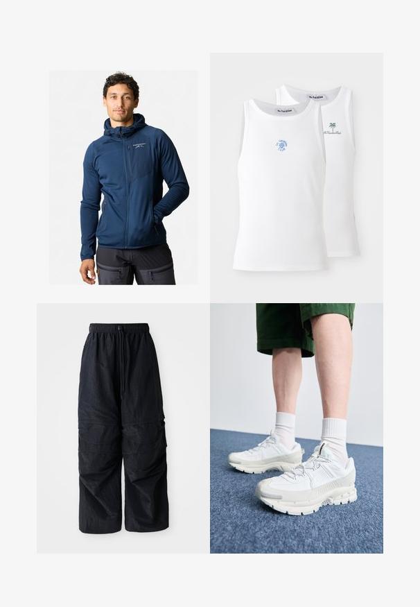 Marineblauwe zip-up jas met een capuchon, voorzien van een textuurstof, elastische manchetten en een ritszak op de borst. Logo op de linkervoorzijde.; Twee witte tanktops met een geribbelde textuur, voorzien van blauwe en groene borduurlogo's. De ene heeft een zonontwerp, de andere een palboom.; Zwarte lichtgewicht nylon cargo pants met elastische tailleband, verstelbare trekkoord en meerdere gelaagde zakken op de benen.; Witte sportieve schoenen met textuuroverlays, een dikke zool en grijze accenten. Draag ze met witte crew-sokken en groene shorts op een blauwe ondergrond.