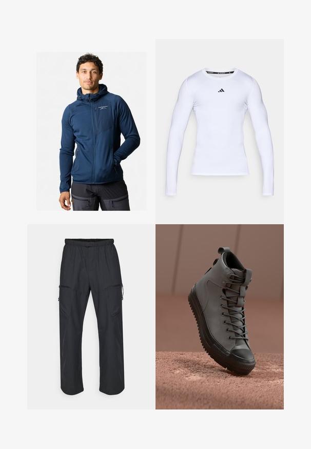 Navy blue zip-up jacket with a hood, featuring a textured fabric, elastic cuffs, and a zippered chest pocket. Logo on the front left.; White long-sleeve athletic shirt made of stretch fabric, featuring a round neckline and a black Adidas logo on the chest.; Black cargo pants featuring an elastic waistband, two zippered pockets, and a lightweight, smooth fabric texture.; High-top sneaker in gray leather with a textured finish, black rubber toe cap, and gray laces. Features a pull tab at the heel.