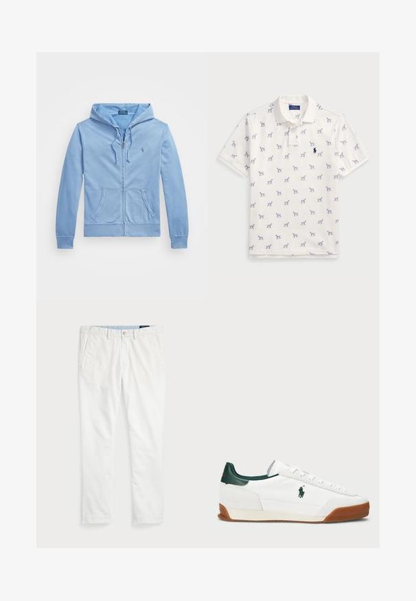 Sudadera con capucha de cremallera en suave tela de color azul claro, con un bolsillo tipo canguro, cordones y un pequeño logotipo en el lado izquierdo del pecho.; Camisa polo blanca de algodón, con un patrón repetido de perros azules y un pequeño logo azul en el pecho. Mangas cortas y color.; Chinos blancos de algodón, con corte plano, trabillas para cinturón, dos bolsillos laterales y un bolsillo trasero. Textura suave con pernera recta.; Zapatilla blanca con acentos de cuero verde y suela de goma marrón. Presenta un cuerpo de tejido y un logo prominente en el costado. Diseño con cordones.