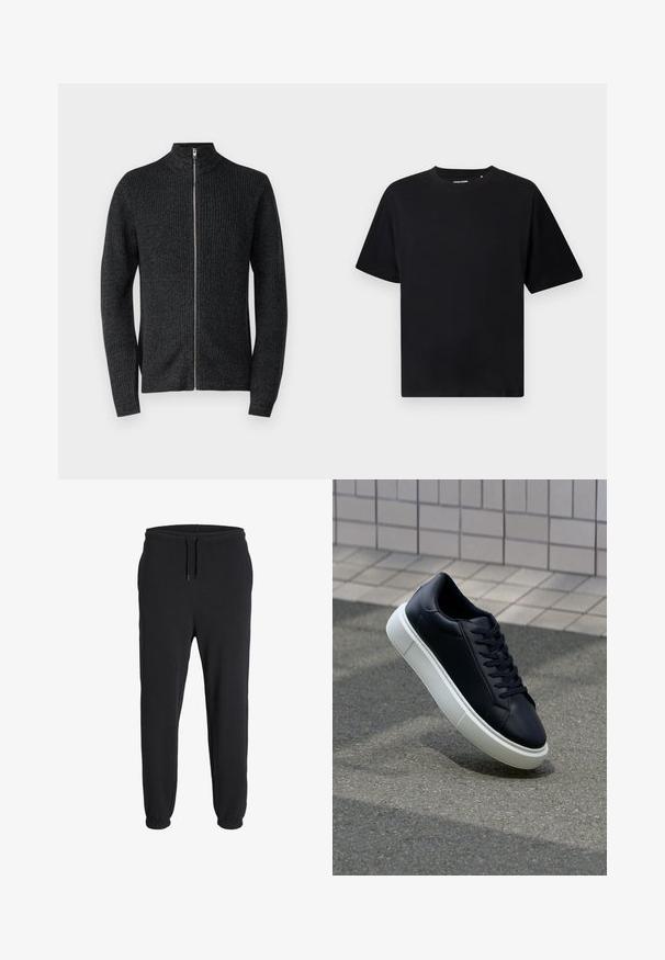 Maglione zip-up grigio scuro con colletto alto, caratterizzato da una texture a coste e maniche lunghe, realizzato in un materiale lavorato a maglia.; Maglietta nera a maniche corte con collo rotondo e vestibilità rilassata, esposta su uno sfondo bianco.; Pantaloni sportivi neri realizzati in tessuto morbido, con una vita elasticizzata dotata di cordino e polsini elasticizzati alle caviglie.; Sneaker in pelle nera con punta arrotondata e suola in gomma bianca. Presenta lacci piatti e cuciture minime sulla parte superiore. Suola testurizzata per una migliore aderenza.