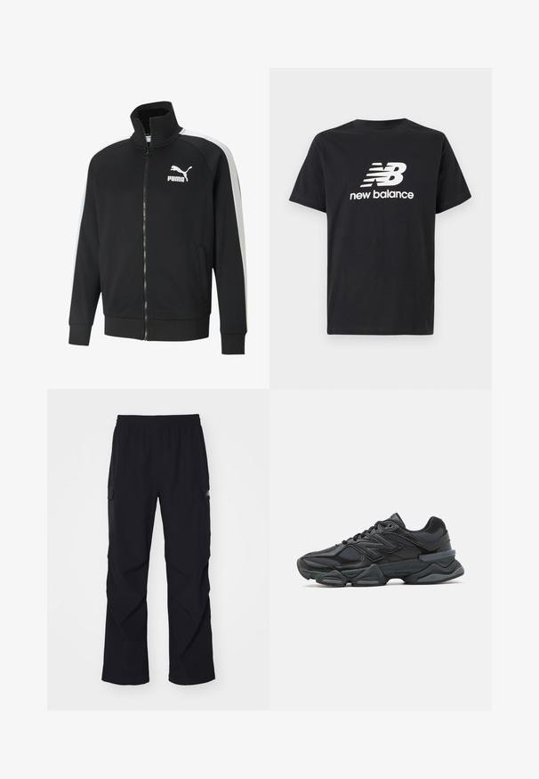 Black zip-up jacket in a smooth fabric with white side stripes. Features a high collar and a prominent white Puma logo on the chest.; Black cotton T-shirt featuring a white New Balance logo and graphic design on the front. Short sleeves and a crew neck.; Black cargo pants made of lightweight material, featuring an elastic waistband, side pockets, and a straight leg design.; Black running shoe featuring a mix of mesh and synthetic materials, chunky sole, curved design, and prominent branding on the side.