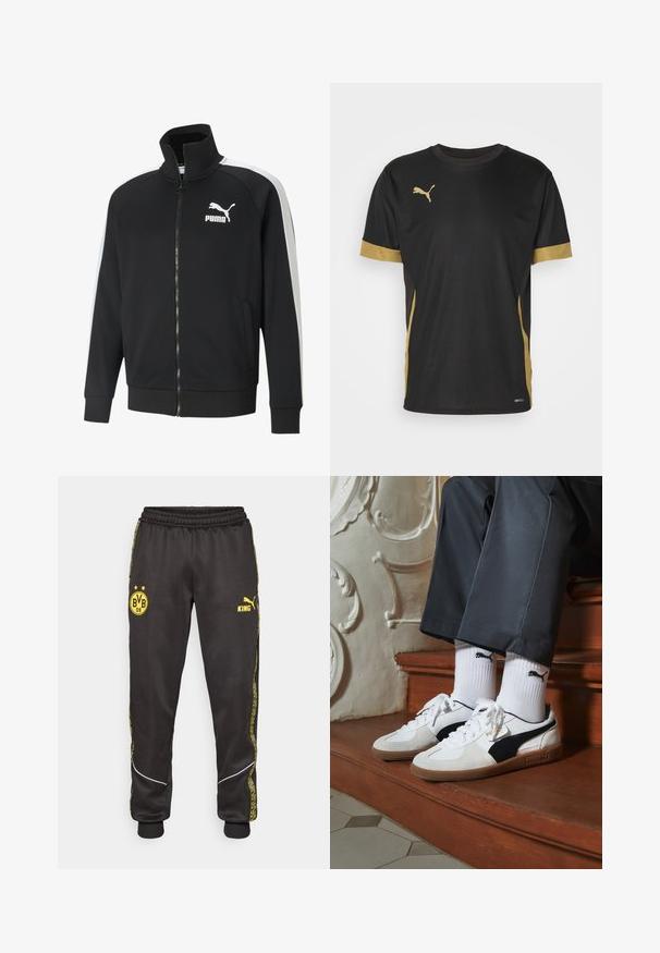 Schwarze Zip-Jacke aus glattem Material mit weißen Seitenstreifen. Sie hat einen hohen Kragen und ein auffälliges weißes Puma-Logo auf der Brust.; Schwarzes Sport-T-Shirt mit goldenen Akzenten an denÄrmeln und an der Seite. Verfügt über einen Rundhalsausschnitt, kurze Ärmel und feuchtigkeitsableitendes DRYCELL-Gewebe.; Schwarze Sporthose mit gelben Borussia Dortmund BVB 09- und Puma King-Logos, elastischem Bund und gemusterten gelben Seiteneinsätzen.; Puma-Sneaker aus weißem und schwarzem Wildleder mit einer braunen Gummisohle. Kombiniert mit weißen Socken, die ein schwarzes Logo zeigen, getragen zu dunklen Hosen.