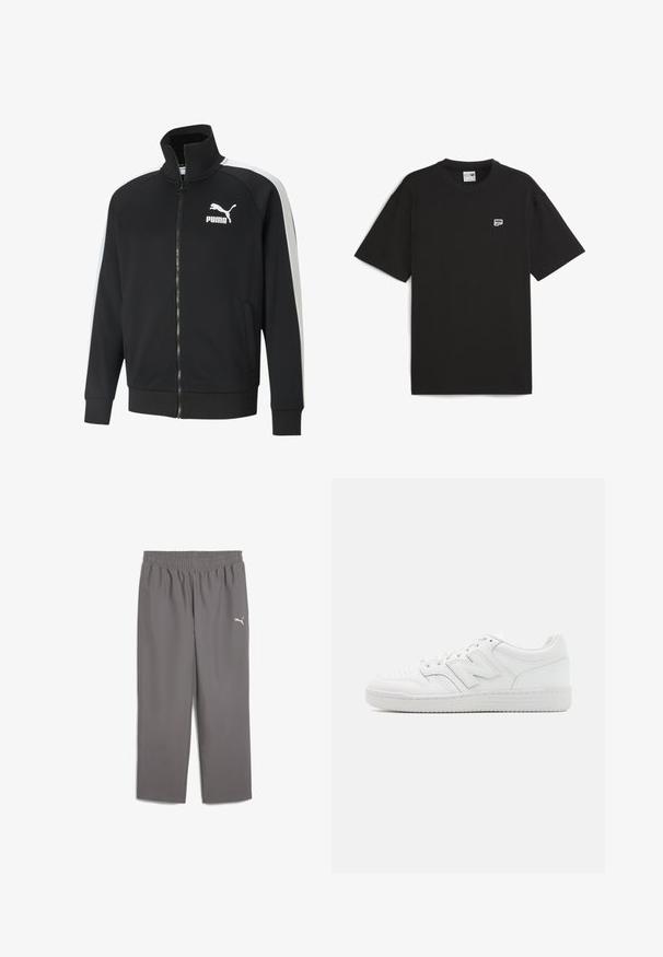 Black zip-up jacket in a smooth fabric with white side stripes. Features a high collar and a prominent white Puma logo on the chest.; Black short-sleeve t-shirt made of cotton, featuring a crew neckline and small white logo on the chest. Simple, relaxed fit.; Gray athletic pants with an elastic waistband, made of lightweight fabric. Features a small white logo on the left leg.; White sneaker made of smooth leather, featuring perforated toe, a textured rubber sole, flat laces, and a prominent 'N' logo on the side.