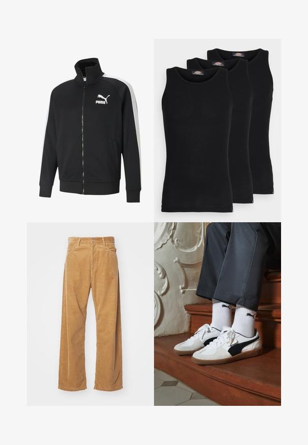 Melnas jaka ar rāvējslēdzēju, izgatavota no gludas auduma, ar baltām sānu svītrām. Iekļauj augstu apkakli un izteiktu balto Puma logotipu uz krūtīm.; Melni bezpiedkakla topi trīs komplektā. Ribota tekstūra, standarta apaļā izgriezumā, bez piedurknēm. Apakšmalā ir neliela zīmola logo.; Korduroja platās bikses, bēšā krāsā. Tām ir teksturētas vertikālas ribas, standarta jostasvieta un divas priekšējās kabatas.; Puma kedas baltā un melnā zamšā, ar brūnu gumijas zoli. Pāris ar baltām zeķēm, kurās redzams melns logo, nēsātas ar tumšām biksēm.