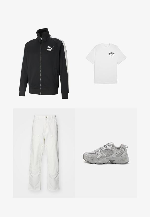 Svart zip-up jacka i en smidig tyg med vita sidostrecker. Har en hög krage och en framträdande vit Puma-logotyp på bröstet.; Vit bomull t-shirt med korta ärmar och rund halsringning, med en svart tryckt logotyp på bröstet. Enkel, klassisk design.; Vita bomullscargo Byxor med en avslappnad passform. Funktioner inkluderar framfickor, guld Accentdetaljer och förstärkta knäsektioner.; Silver atletisk sko med en slank design, nätpaneler, vadderad tunga, texturerat syntetiskt övre och gummisulor för grepp.