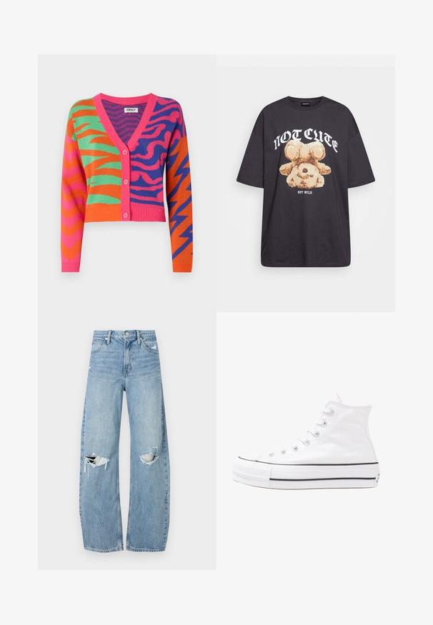 ONLY ONLJAYDI MIX V NECK - Cardigan - island green/raspberrysorbet/bluing; Tricou oversized negru featuring un grafic cu un urs și textul „NU E DRĂGUȚ DAR SUNT SĂLBATIC” în litere albe, îndrăznețe. Material din bumbac.; Jeans de denim, de un bleu deschis, cu talie înaltă. Au picioare late, două zone rupte la genunchi și un stil clasic cu cinci buzunare.; Adidași albi tip pantofi sport cu glezna din pânză, cu talpă din cauciuc negru, capac de vârf din cauciuc frontal și șase ochiuri pentru șireturi, având un design curat și minimalist.