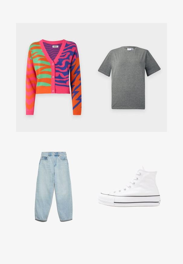 ONLY ONLJAYDI MIX V NECK - Casaco de malha - island green/raspberrysorbet/bluing; T-shirt cinza de manga curta feito de uma mistura de algodão macio. Decote redondo, ajuste descontraído com uma textura suave e design minimalista.; Jeans de denim azul claro com um corte relaxado, cintura alta e pernas largas, apresentando uma textura ligeiramente desgastada e um clássico design de cinco bolsos.; Sapatilha alta de tela branca com sola de borracha preta, bico de borracha na frente e seis ilhós para os atacadores, apresentando um design limpo e minimalista.