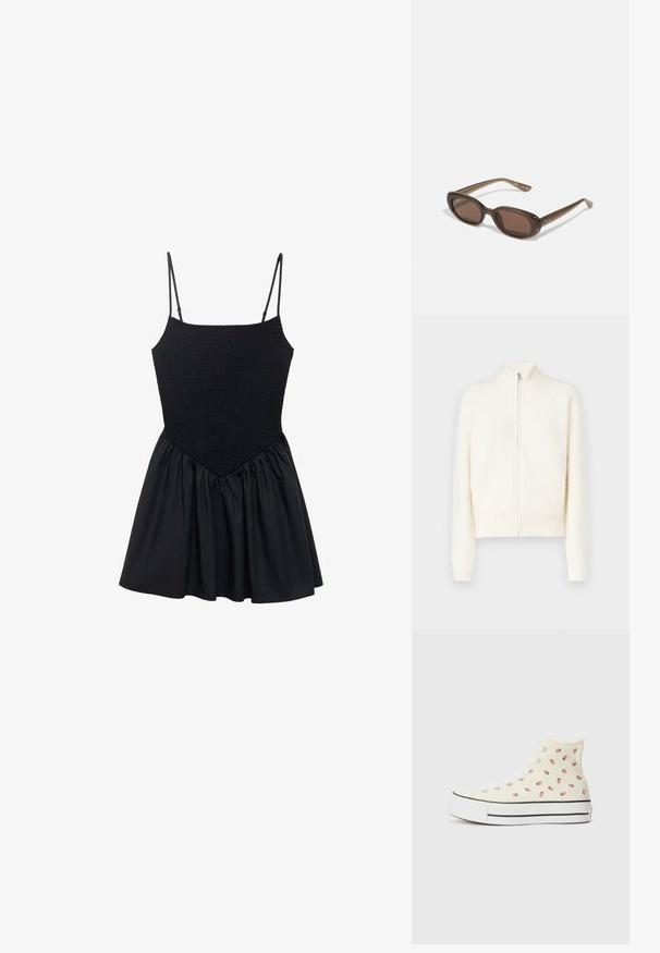 Calvin Klein Kofta - antique white; Svart klänning med smockad byst och justerbara spaghettisnören. Kjolen är rynkad vilket skapar en utsvängd form. Slät textur genom hela plagget.; Högskurna sneakers i gult kapell, prydda med ett mönster av små röda jordgubbar, vita snörningar och en vit sula med svarta ränder.; Bruna ovala solglasögon med mörka linser. Bågen har ett transparent brunt material och har en logotyp tryckt på stängerna.